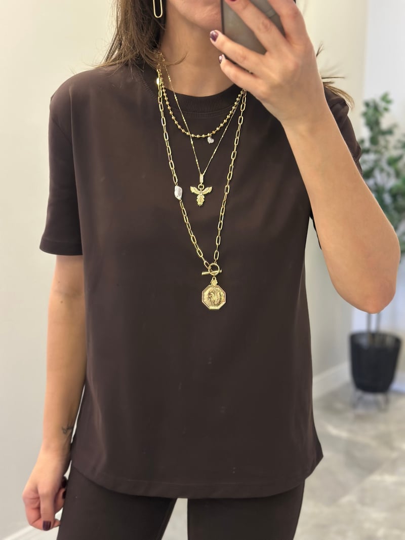 Dilvin Dekoratif Yaka Basic Tshirt - Kahverengi