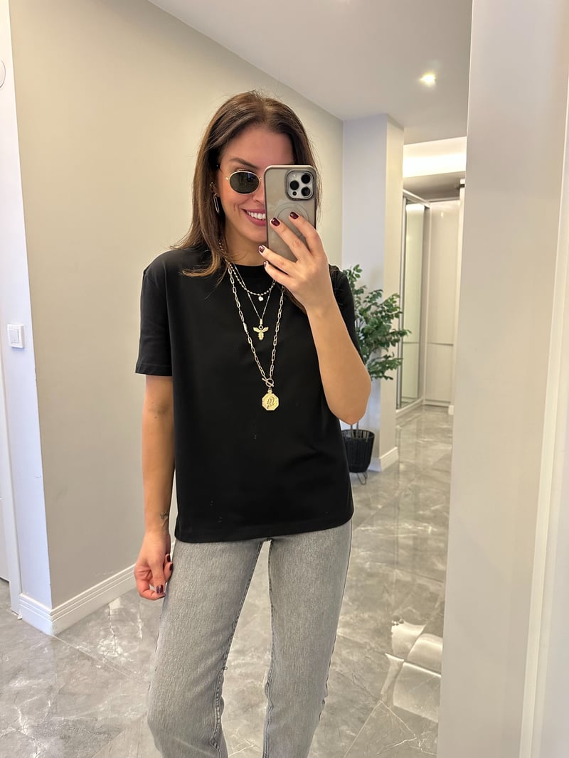 Dilvin Dekoratif Yaka Basic Tshirt - Siyah