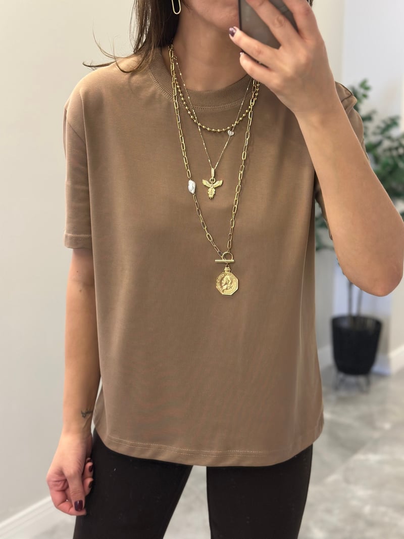 Dilvin Dekoratif Yaka Basic Tshirt - Vizon