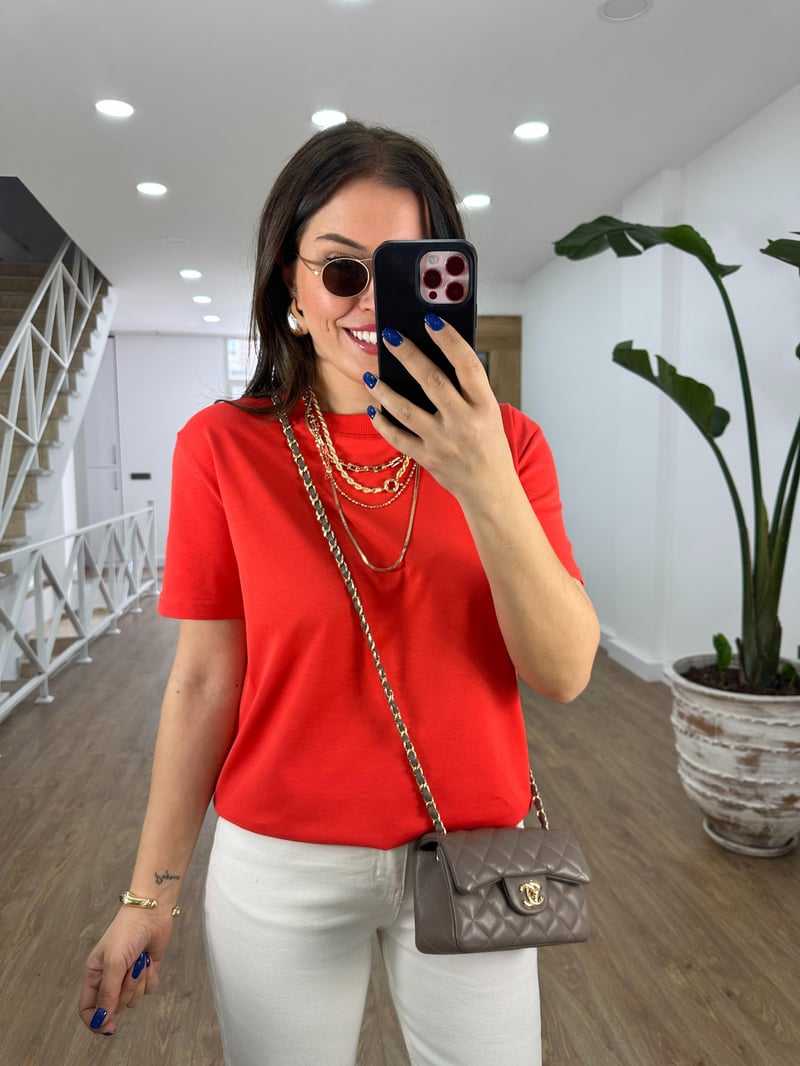 Dilvin Dekoratif Yaka Premium Basic Tişört-Kırmızı