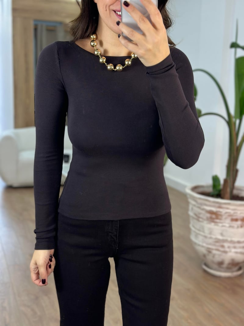 Dilvin Kayık Yaka Uzun Kol Basic - Acı Kahve