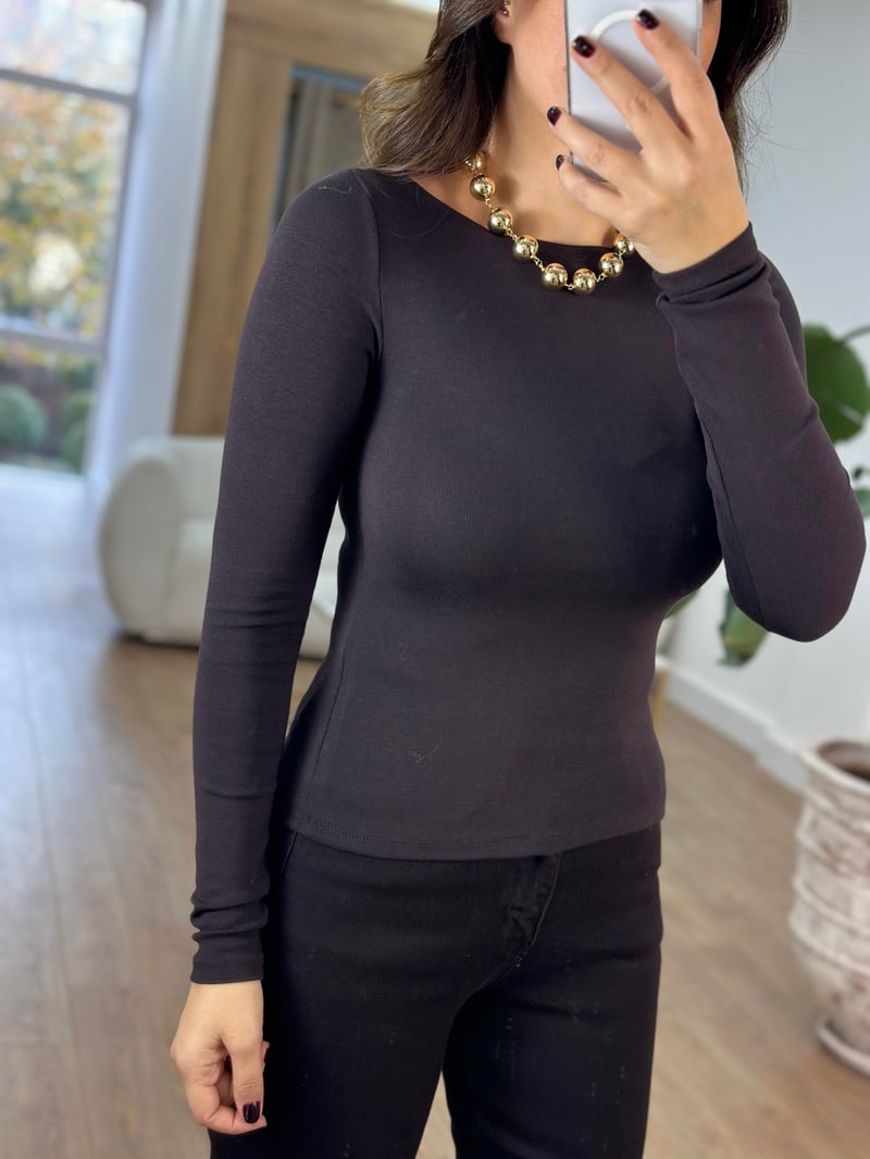 Dilvin Kayık Yaka Uzun Kol Basic - Acı Kahve