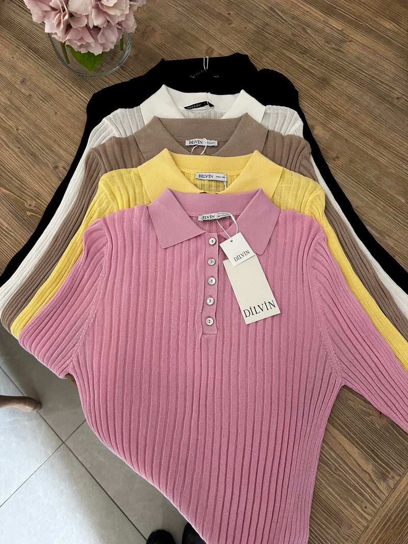 Dilvin Polo Yaka Düğmeli İnce Triko Kazak - Pembe