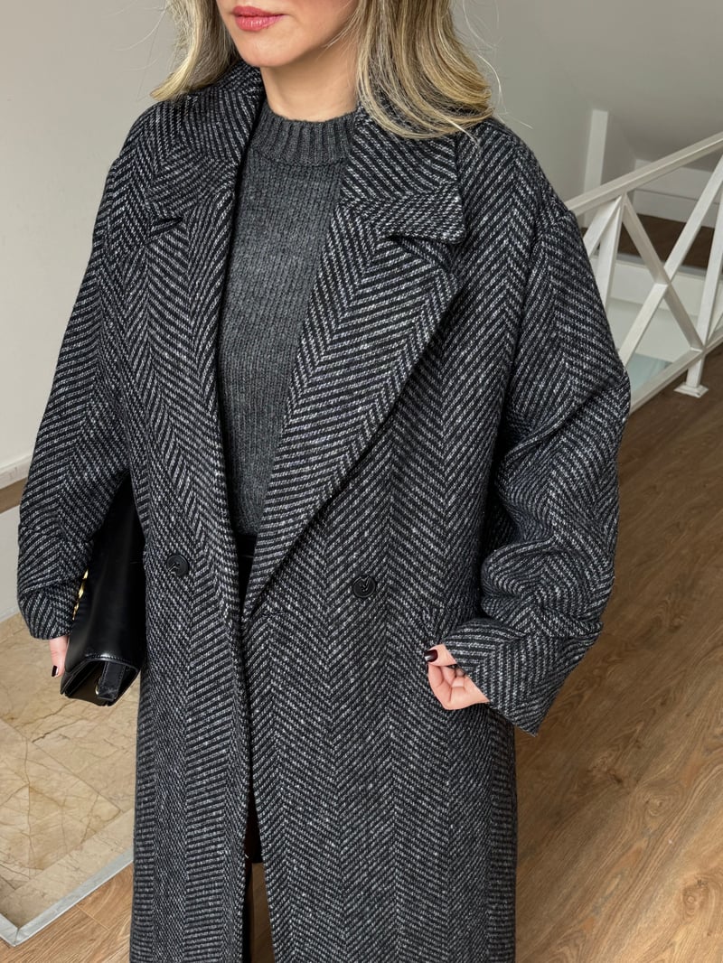 Dinant Kırçıllı Oversize Kaşe Kaban - Siyah/Beyaz