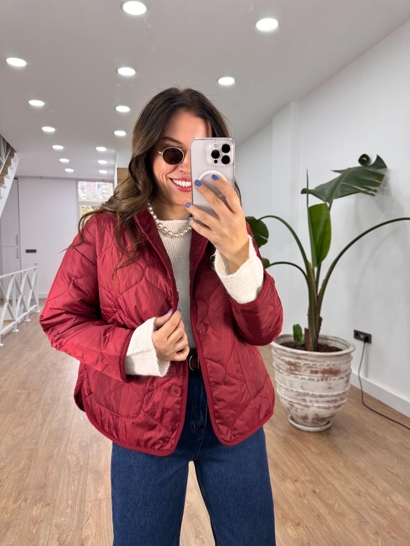 Düğmeli Kapitone Ceket-Bordo
