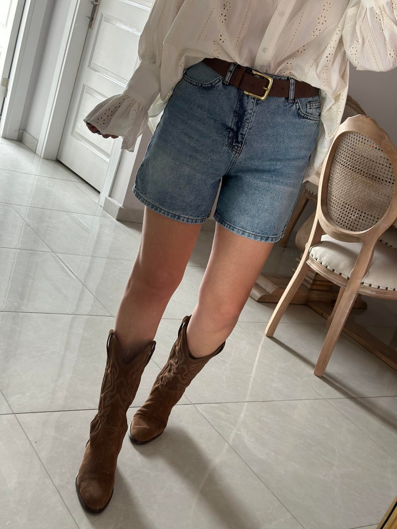 Düz Kesim Mini Denim Şort - Mavi