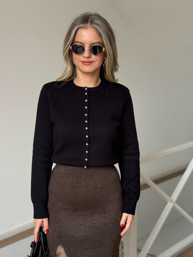 Bisiklet Yaka Düğmeli Triko Hırka - Siyah