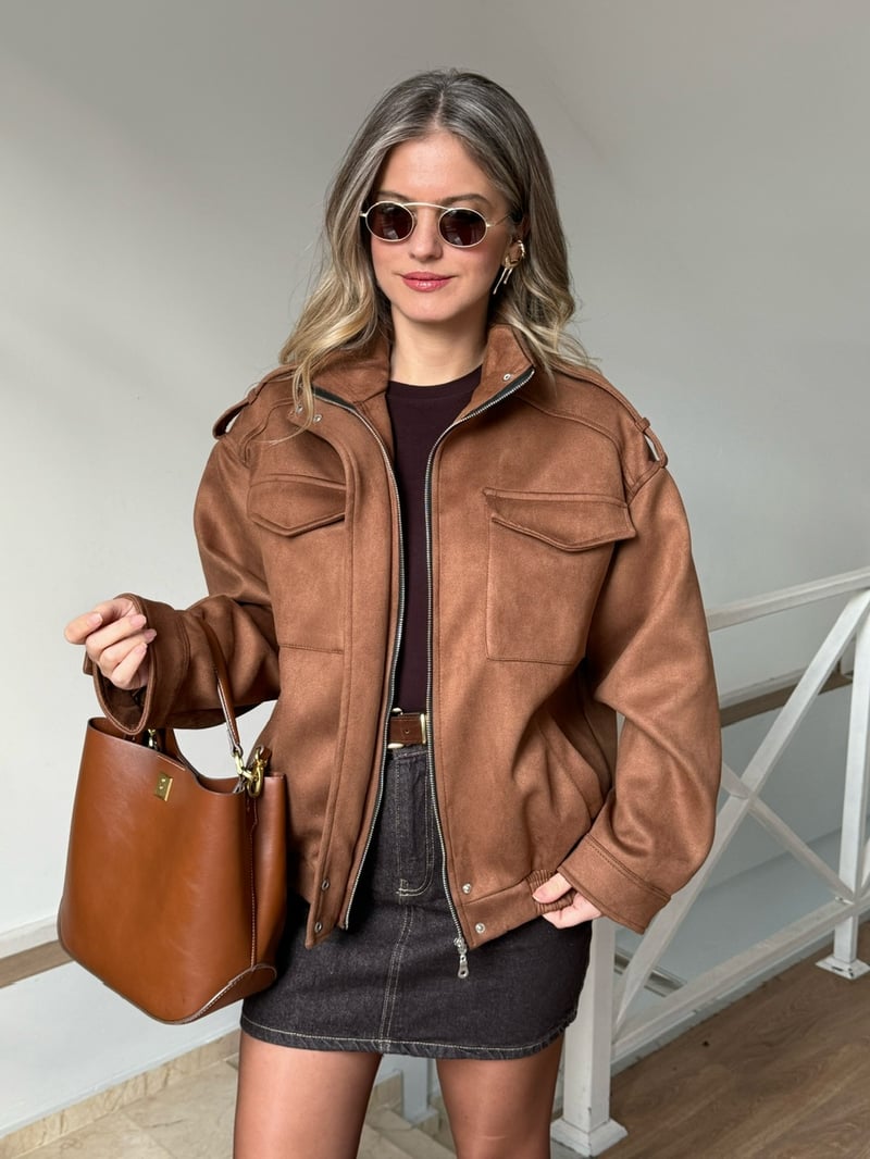 Beli Lastikli Cepli Bomber Süet Ceket - Kahverengi