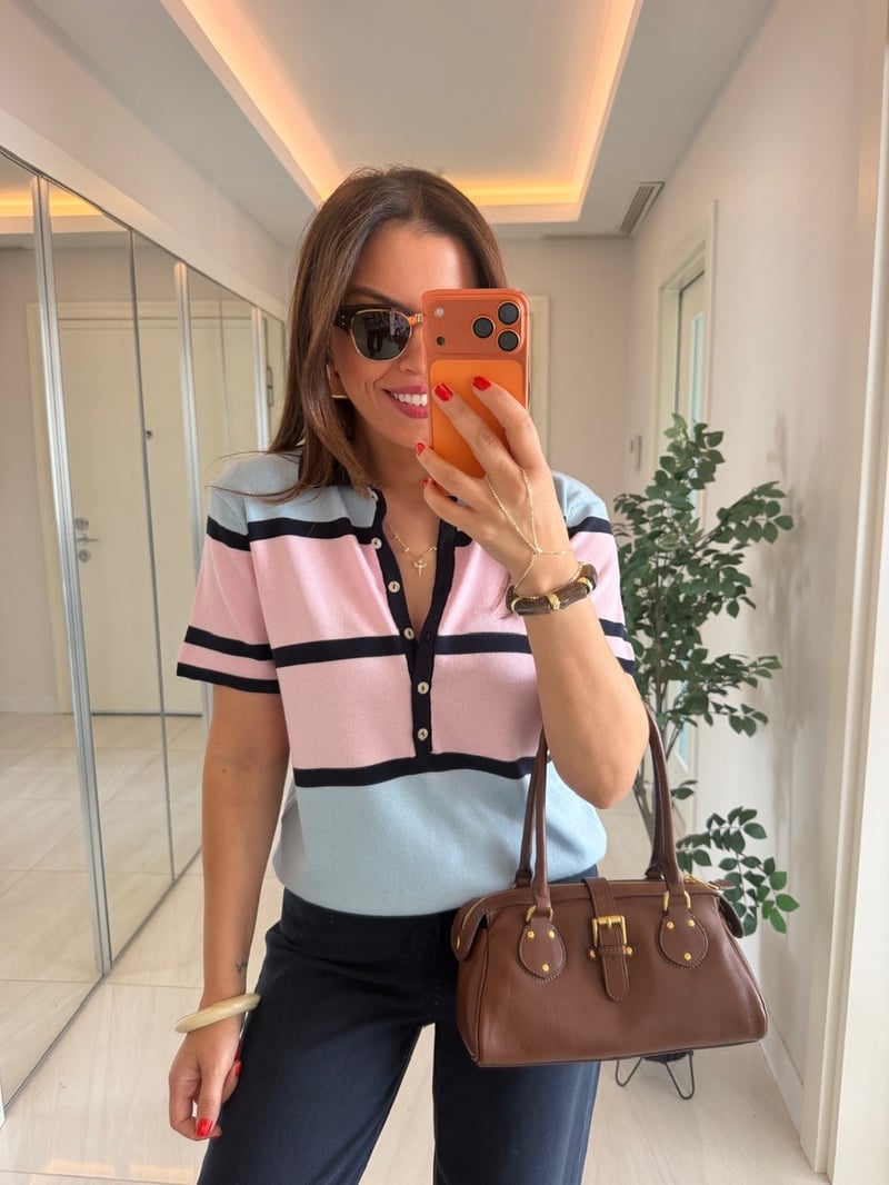 Polo Yaka Pembe Mavi Çizgili Merserize Triko