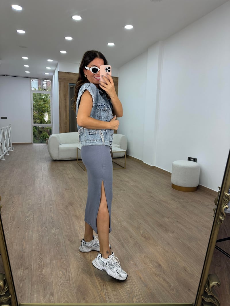 Fitilli Yanı Yırtmaçlı Etek-Gri