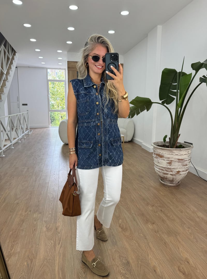 Gold Düğmeli Uzun Denim Yelek