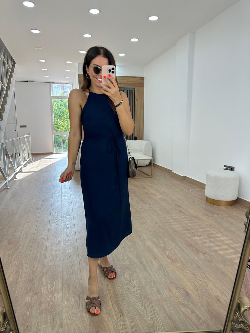 Halter Yaka Beli Kuşaklı Elbise-Lacivert