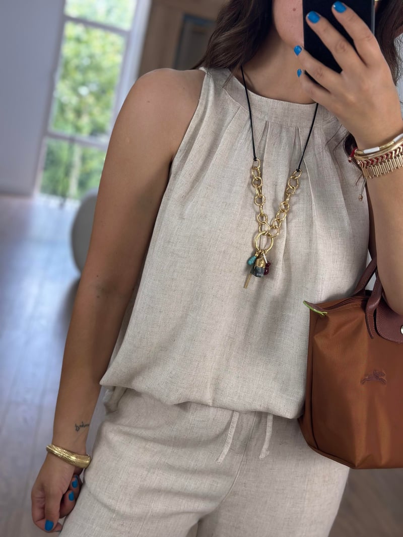 Halter Yaka Naturel Keten Bluz