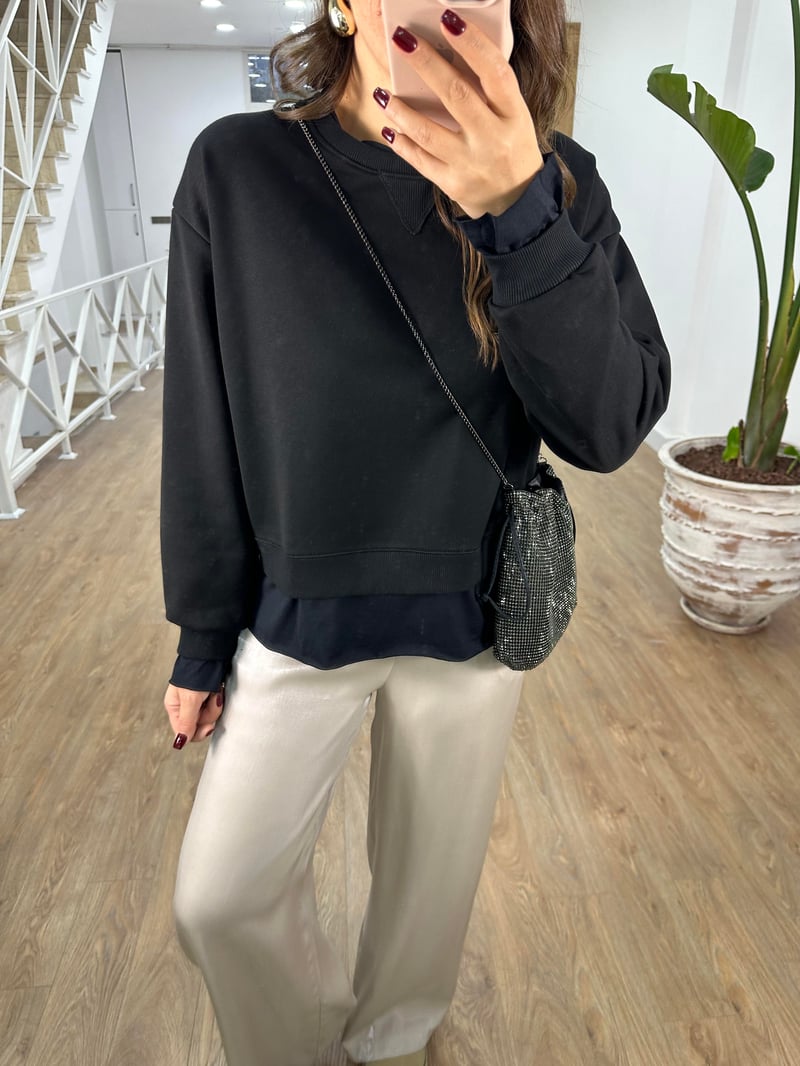 İçerisi İnce Şardonlu Basic Sweatshirt-Siyah