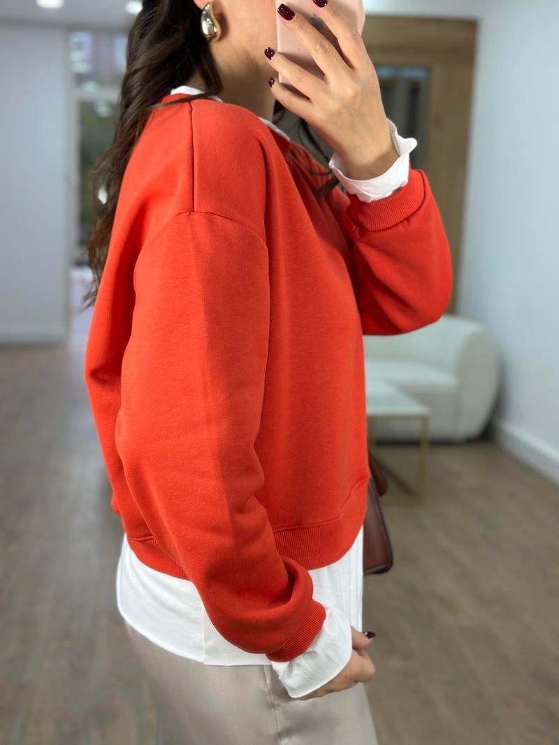 İçerisi İnce Şardonlu Basic Sweatshirt-Nar Çiçeği