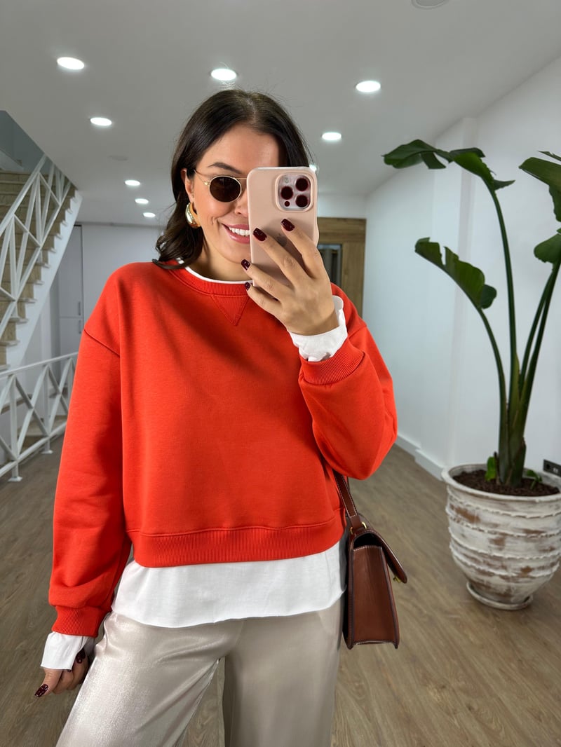 İçerisi İnce Şardonlu Basic Sweatshirt-Nar Çiçeği