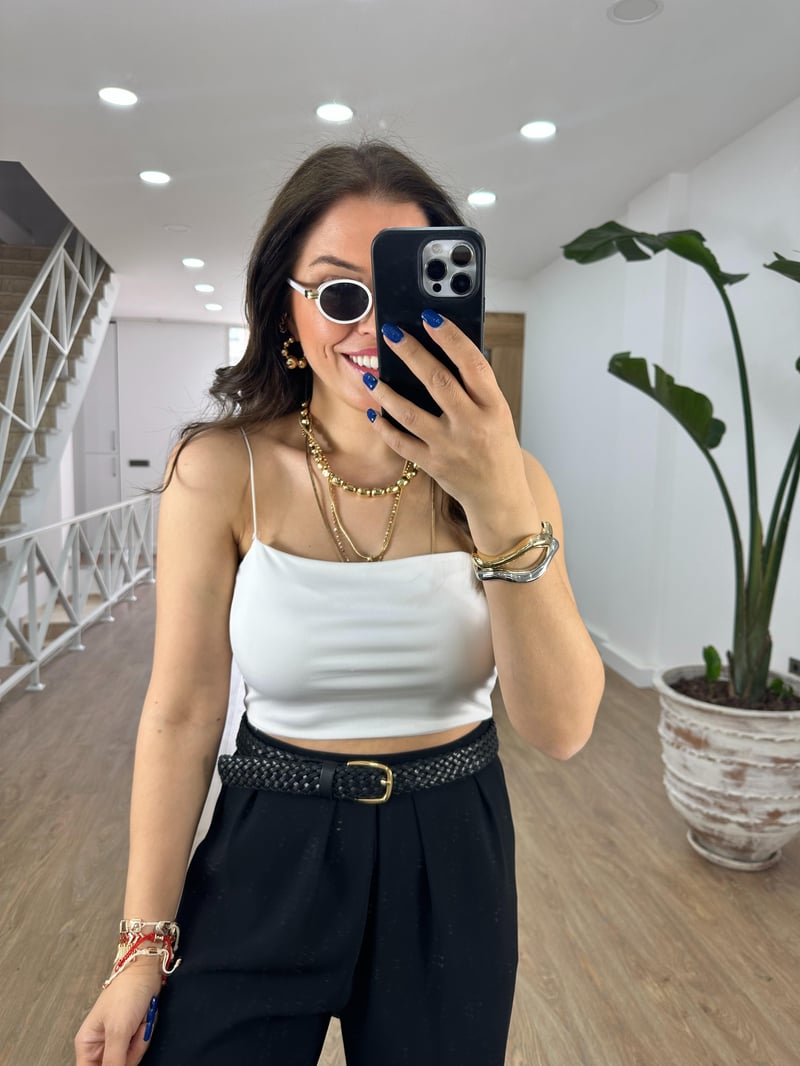 İp Askılı Çift Katlı Crop-Beyaz