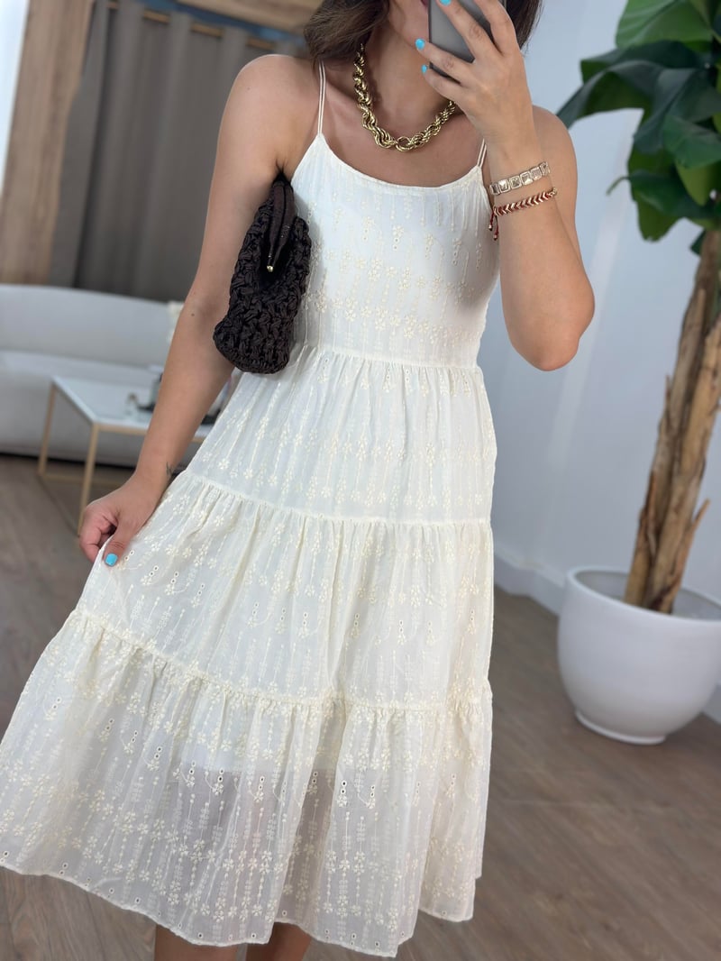 İşlemeli Askılı Midi Elbise 