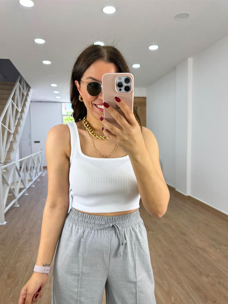 Kalın Askılı Fitilli Crop-Ekru