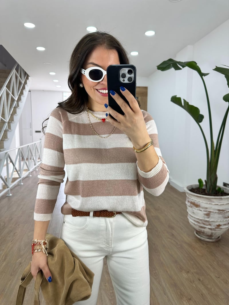 Kalın Çizgili Merserize Triko-Bej