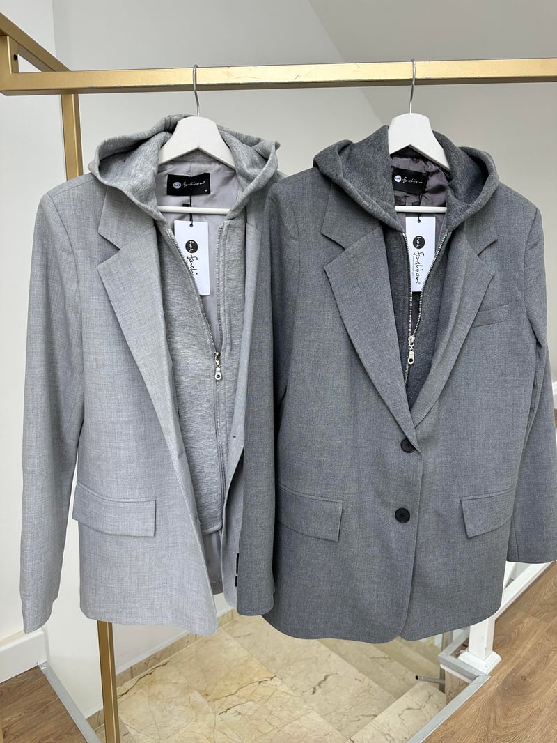 Kapüşon Detaylı Blazer Ceket-Füme