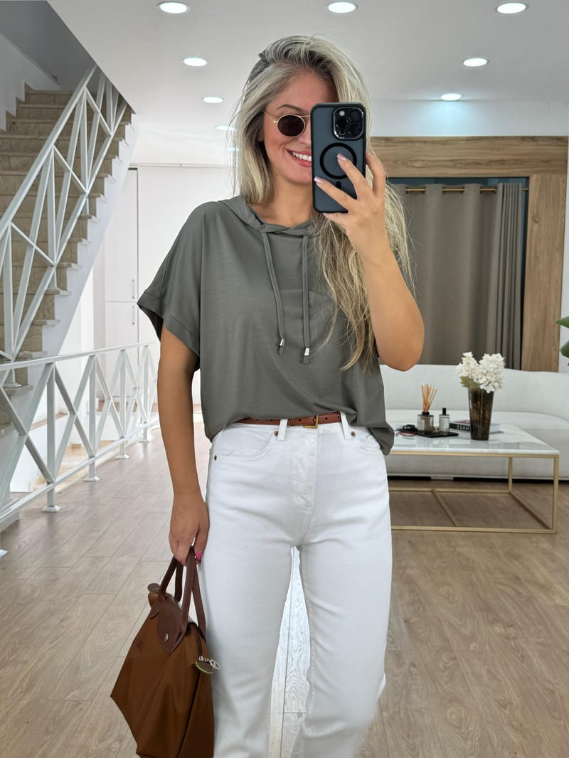 Kısa Kollu Kapüşonlu Sweatshirt - Haki