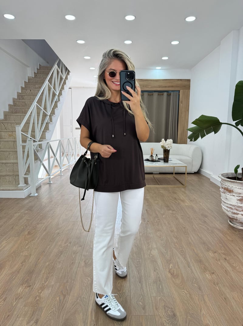 Kısa Kollu Kapüşonlu Sweatshirt - Kahverengi