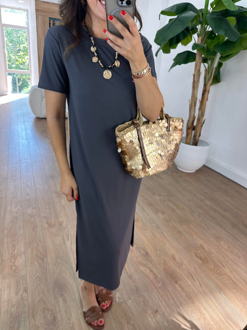 Kısa Kollu Modal Basic Elbise - Antrasit