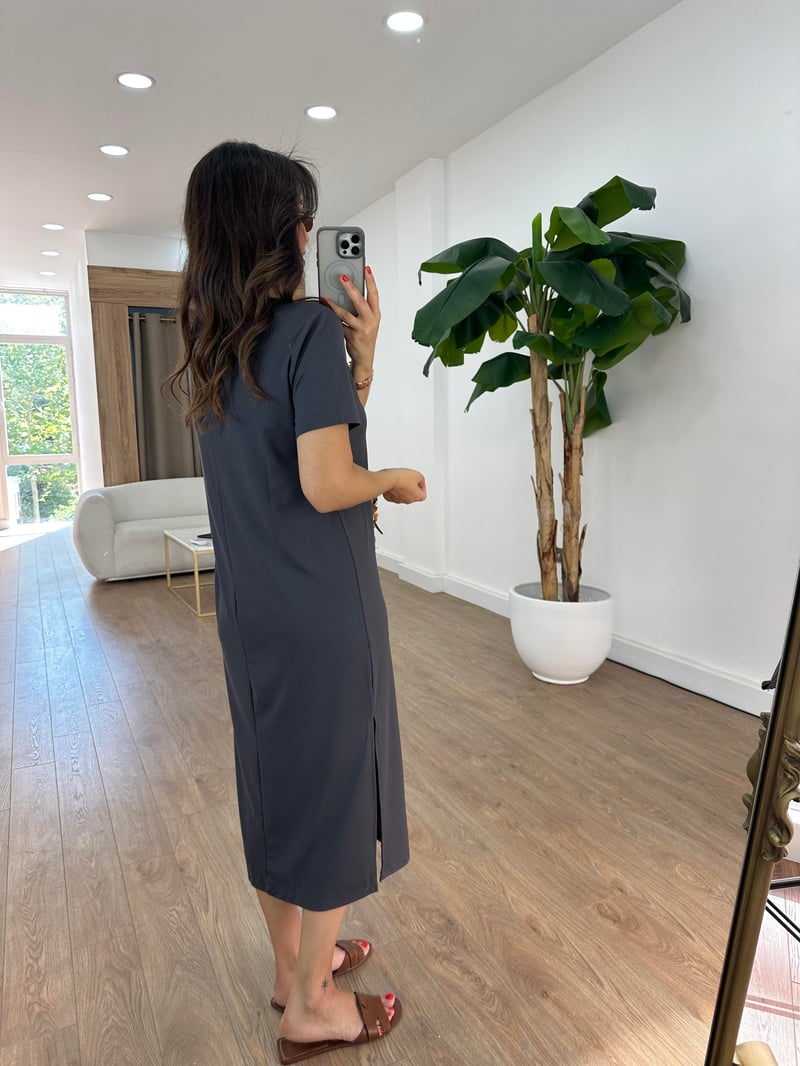 Kısa Kollu Modal Basic Elbise - Antrasit