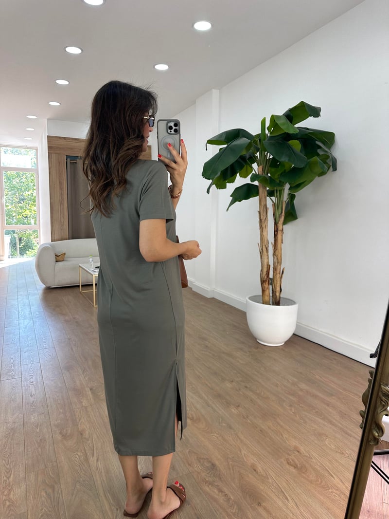 Kısa Kollu Modal Basic Elbise - Haki