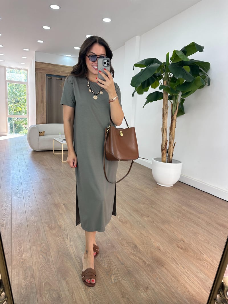 Kısa Kollu Modal Basic Elbise - Haki