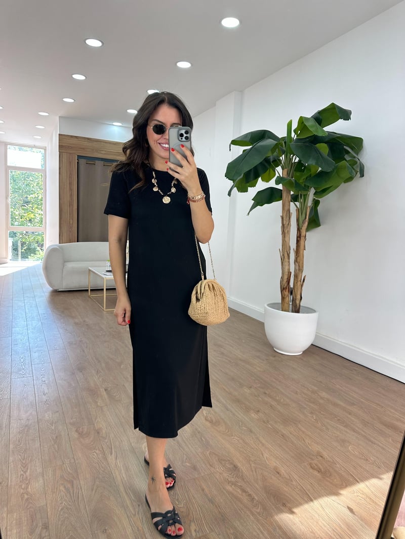 Kısa Kollu Modal Basic Elbise - Siyah