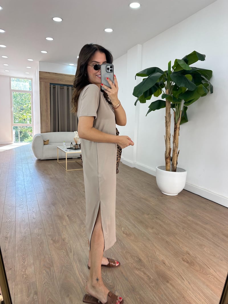 Kısa Kollu Modal Basic Elbise - Vizon