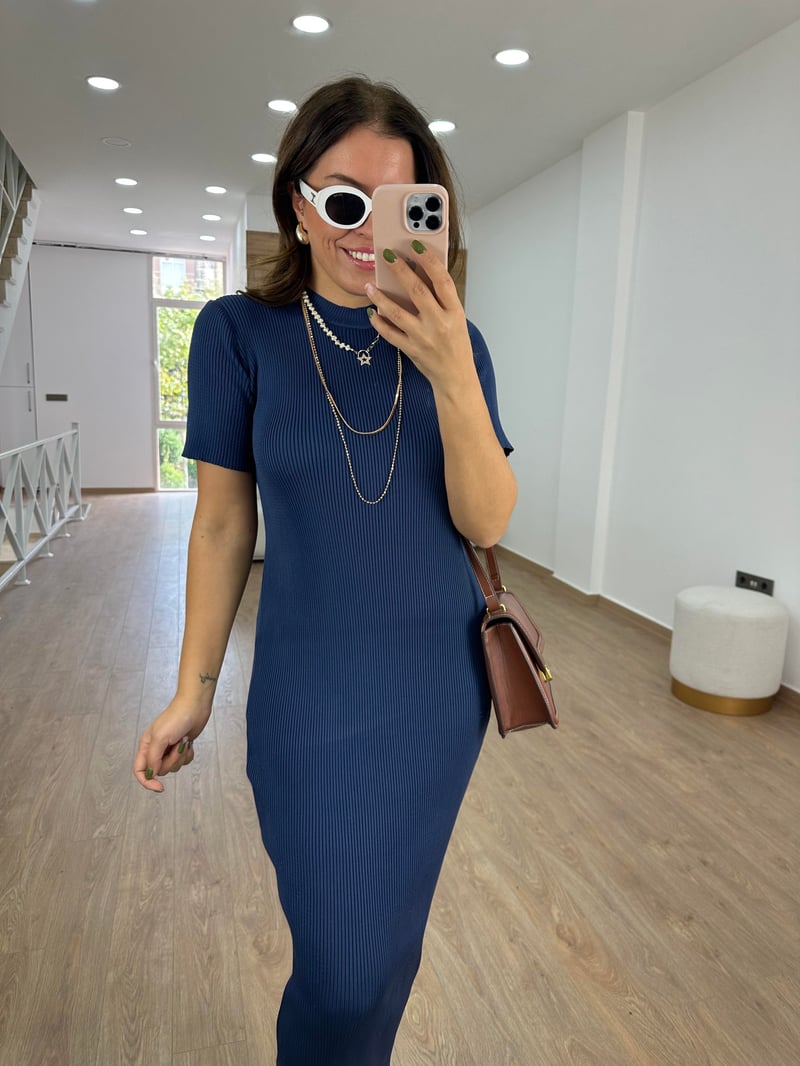 Kısakol Triko Basic Elbise-Lacivert