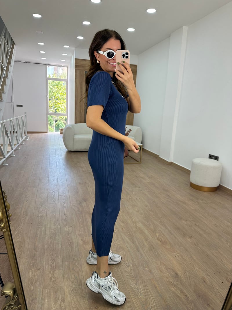 Kısakol Triko Basic Elbise-Lacivert