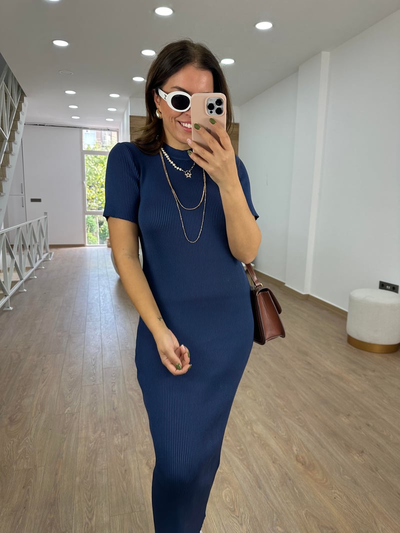 Kısakol Triko Basic Elbise-Lacivert