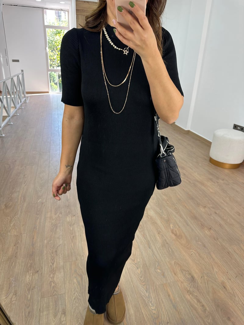 Kısakol Triko Basic Elbise-Siyah