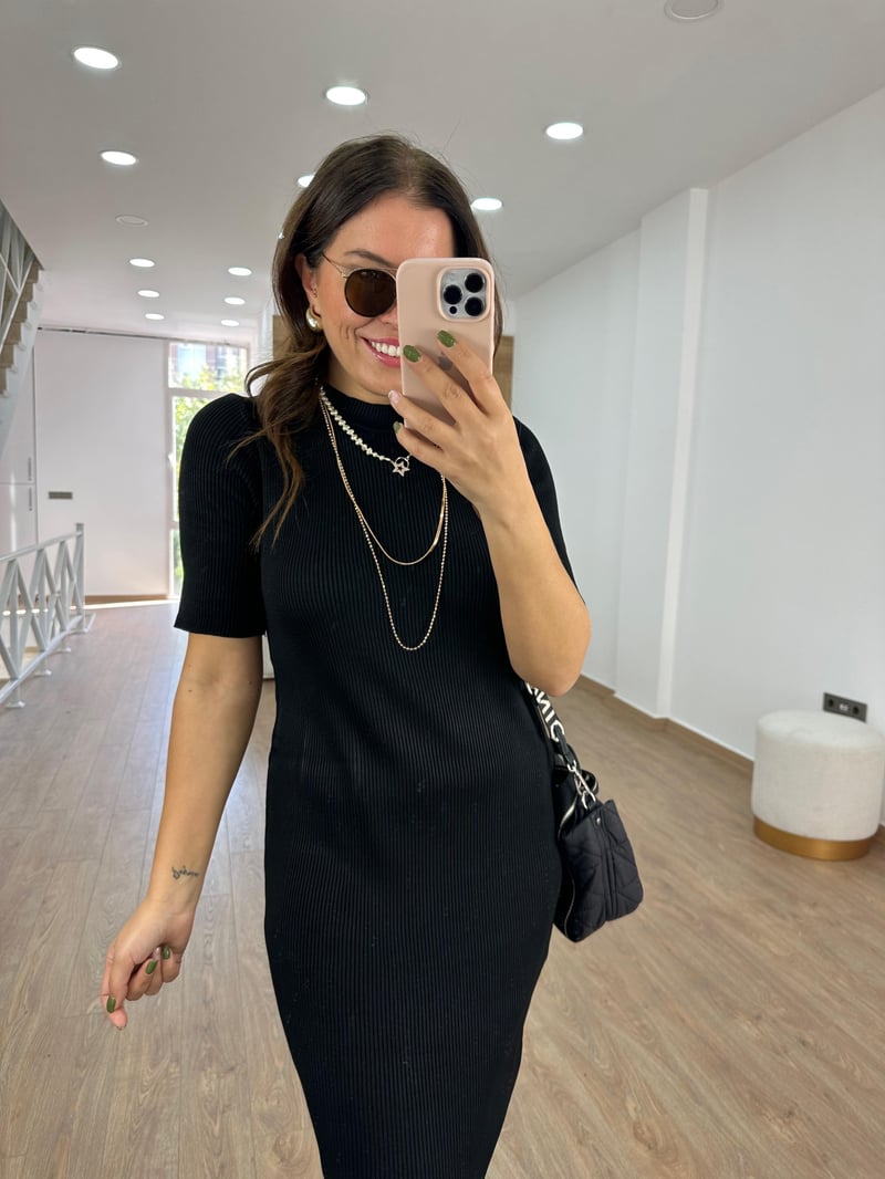 Kısakol Triko Basic Elbise-Siyah