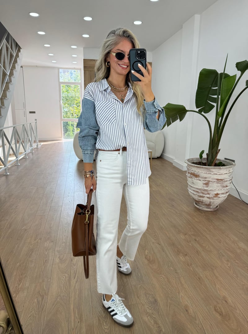 Kolları Denim Çizgili Gömlek