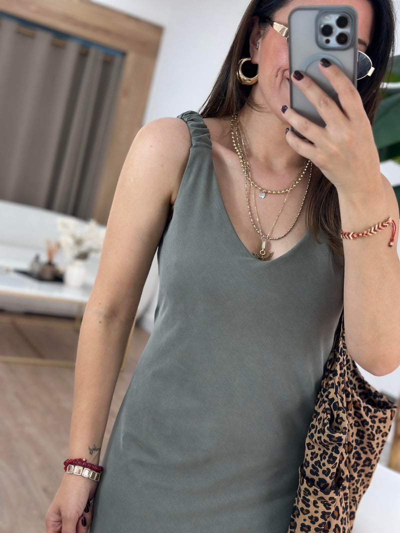 Kolları Lastikli Basic Modal Elbise - Haki