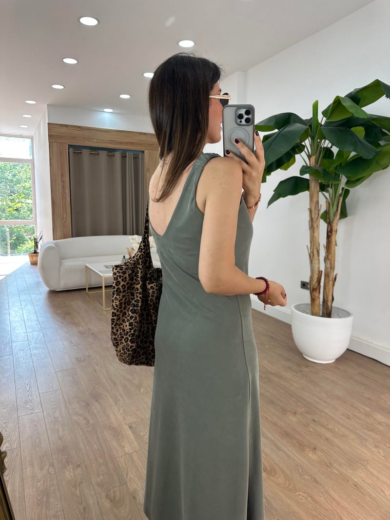 Kolları Lastikli Basic Modal Elbise - Haki