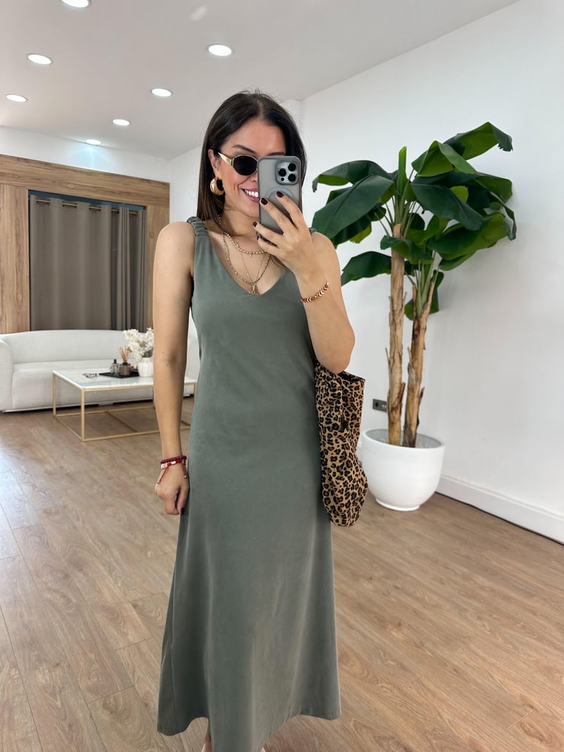 Kolları Lastikli Basic Modal Elbise - Haki