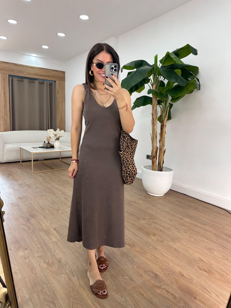 Kolları Lastikli Basic Modal Elbise - Kahverengi