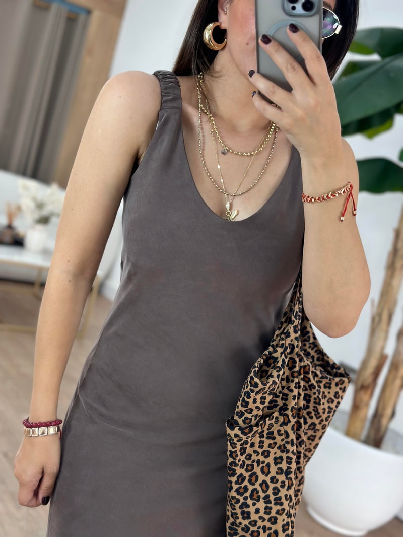 Kolları Lastikli Basic Modal Elbise - Kahverengi