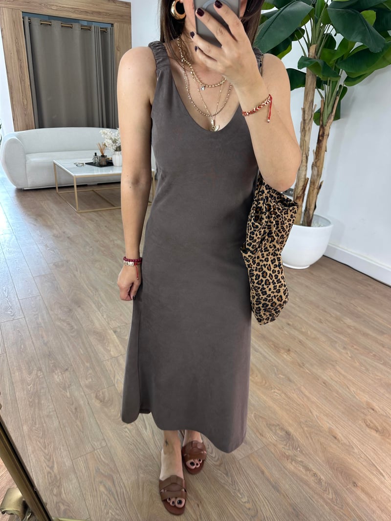 Kolları Lastikli Basic Modal Elbise - Kahverengi