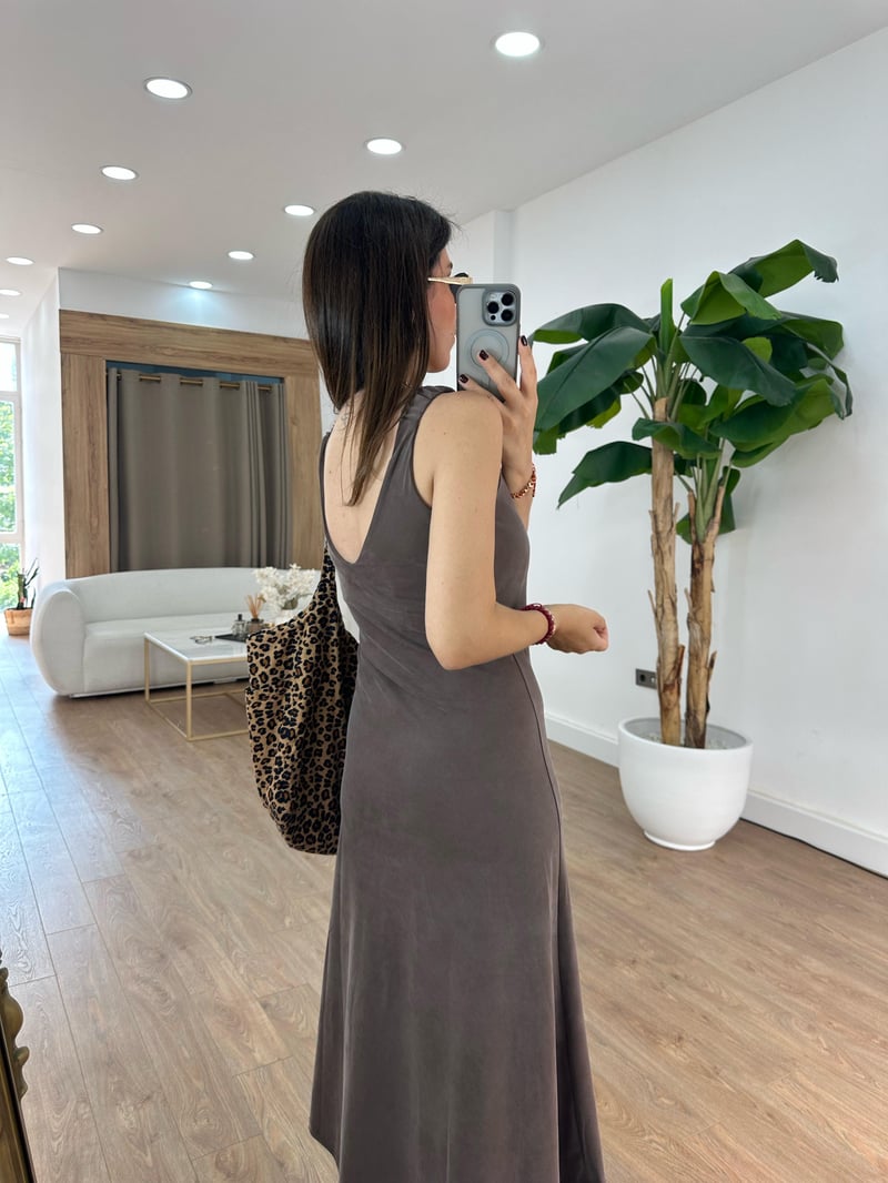 Kolları Lastikli Basic Modal Elbise - Kahverengi