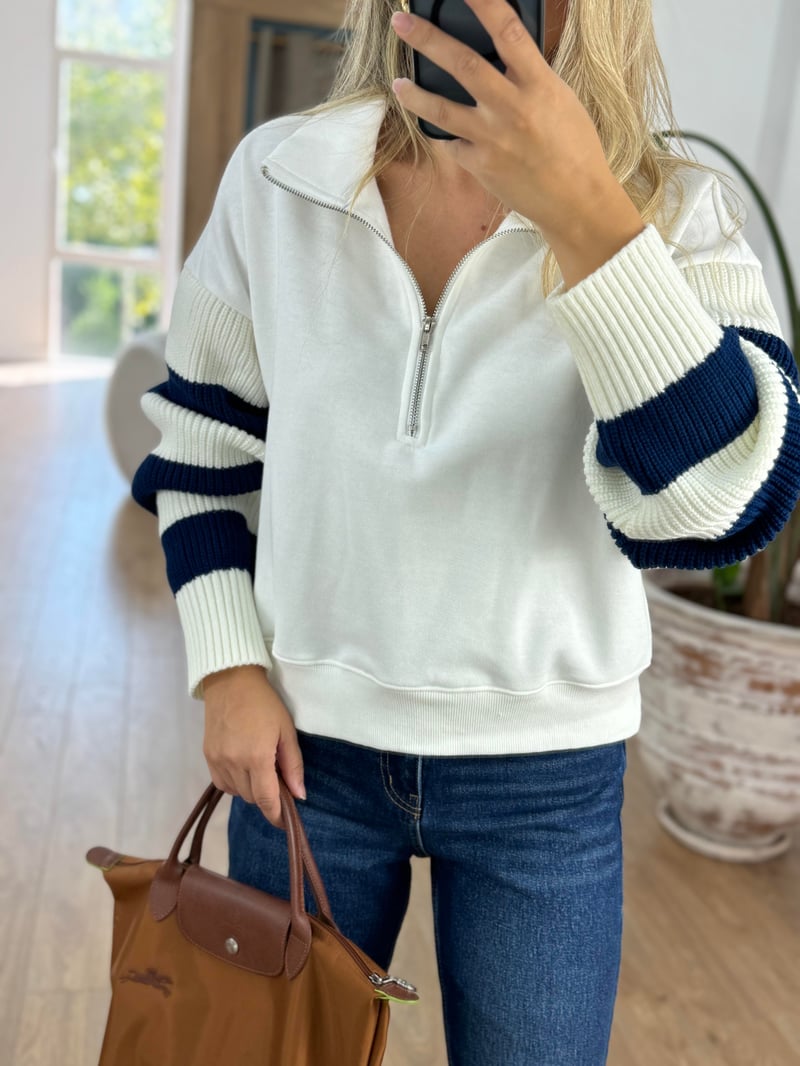 Kolları Triko Detaylı Basic Sweatshirt - Beyaz