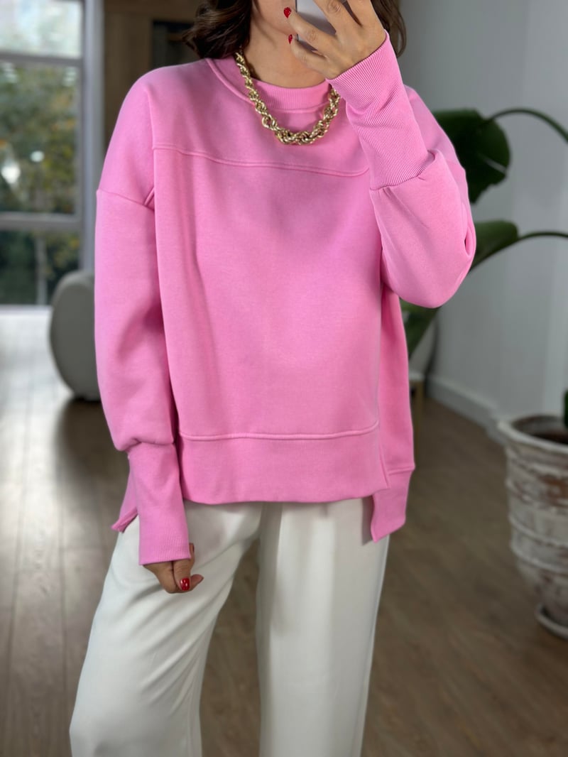 Kolu Ribanalı İçerisi Şardonlu  Sweatshirt - Pembe