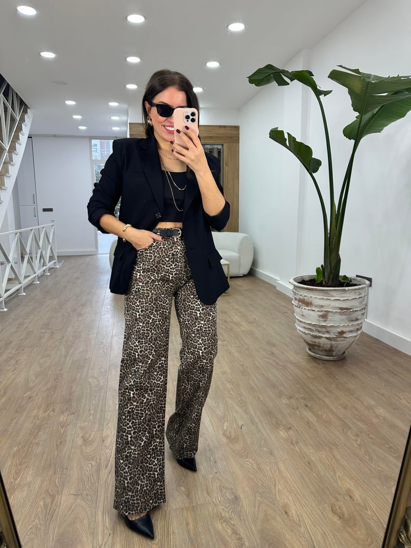 Leopar Desen Jean Palazzo Pantolon
