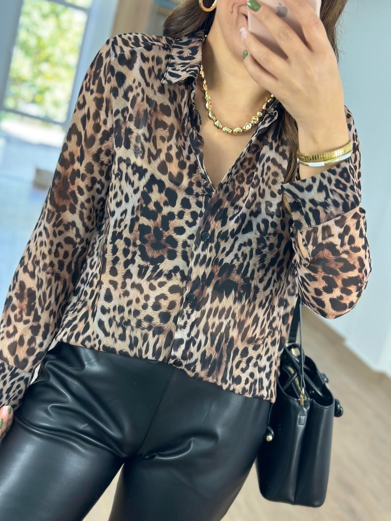 Leopar Desen Şifon Gömlek
